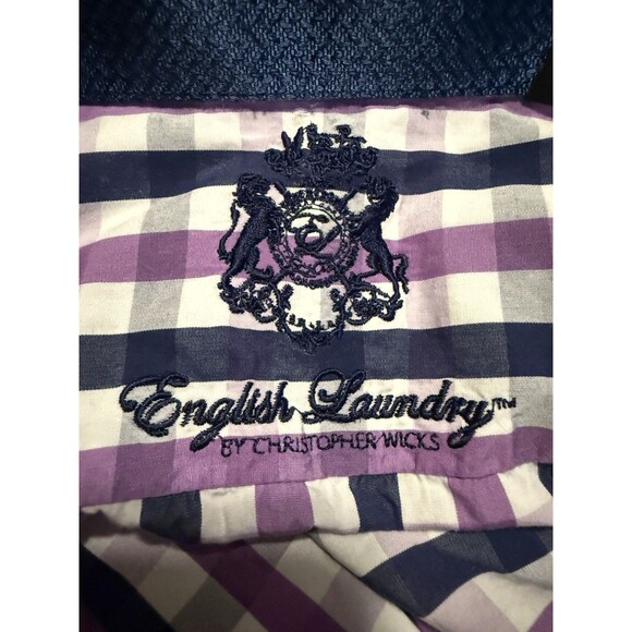 English Laundry Check Plaid Shirt Size 16.5-32/33 Cotton Purple Blue White - Picture 6 of 7